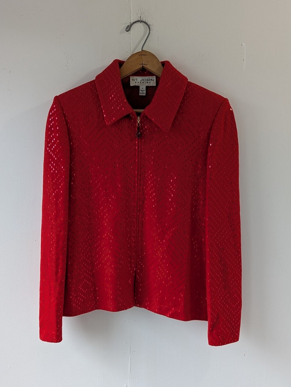 St. John Evening Red with Red Sparkle Zip-Front Knit Jacket Size 4